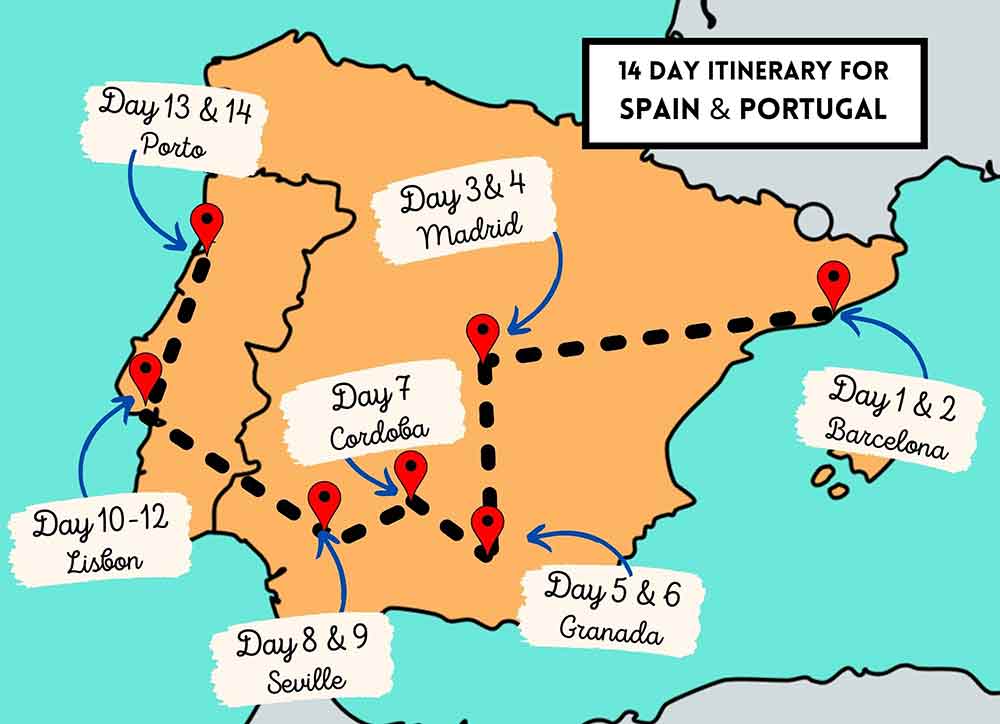 A map showing all the citys that feature in this article about an itinerary for Spain and Portugal in 14 days