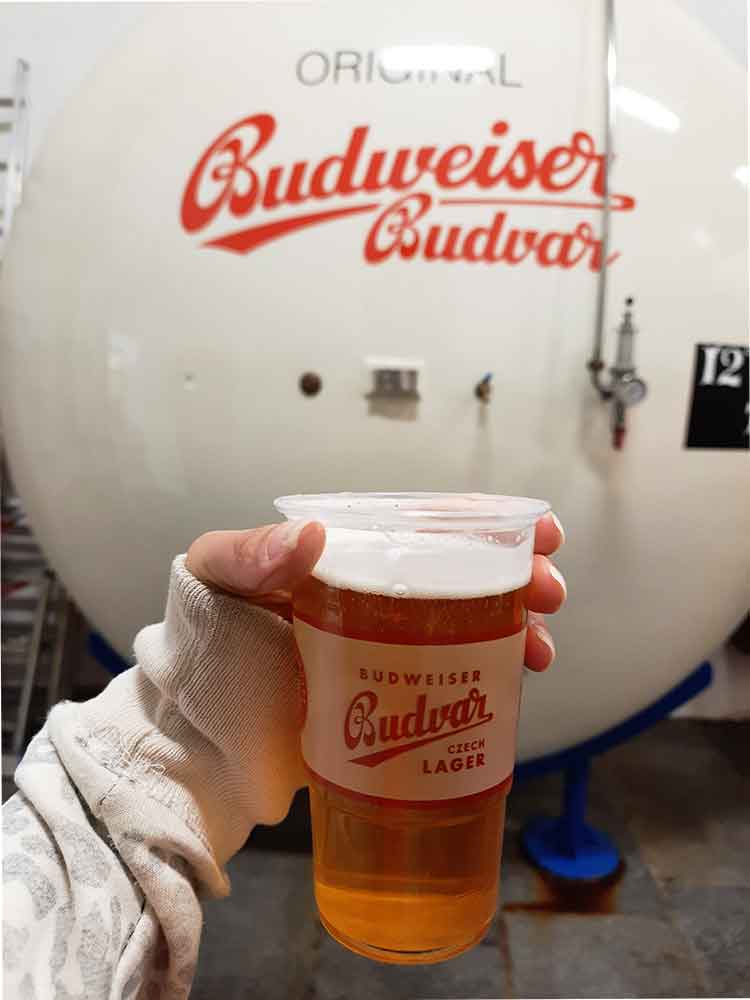 Me holding a glass of the original Budweiser Budvar beer with Fresh beer from the tanks - the tank is behind it.