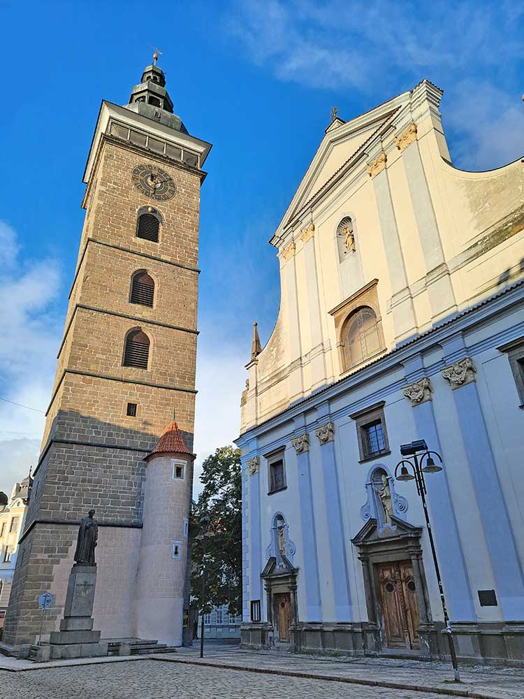 A clock tower called The Black Tower, in Ceske Budejovice