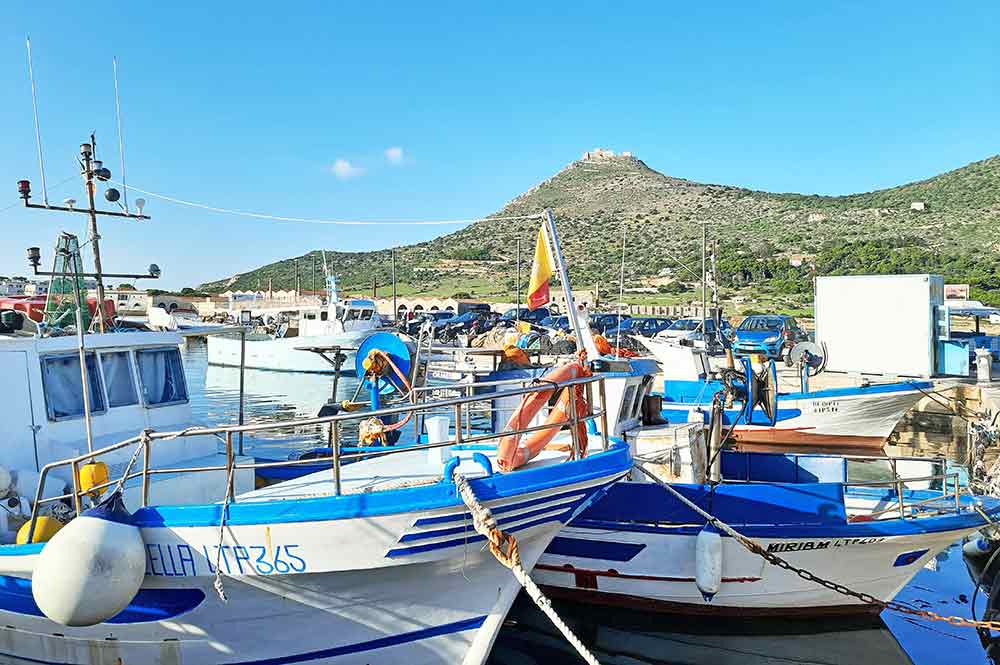 A marina with small blue and white boats. In the background is a green hill with a castle on top, The sky is blue with one little cloud. Wondering what to put on your West Sicily itinerary? Discover a multitude of things to do in western Sicily, including ancient towns, culinary and beaches,