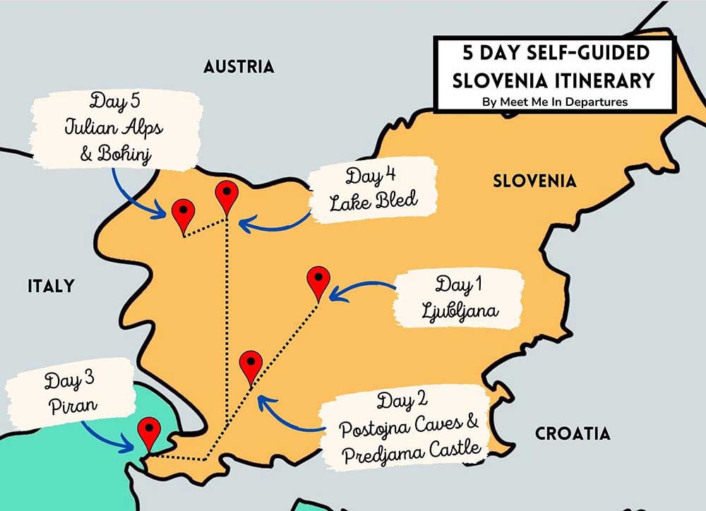 Map of slovenia for a 5 days road trip. It shoes the locations of all the best places to see in slovenia which are included in this guide. 