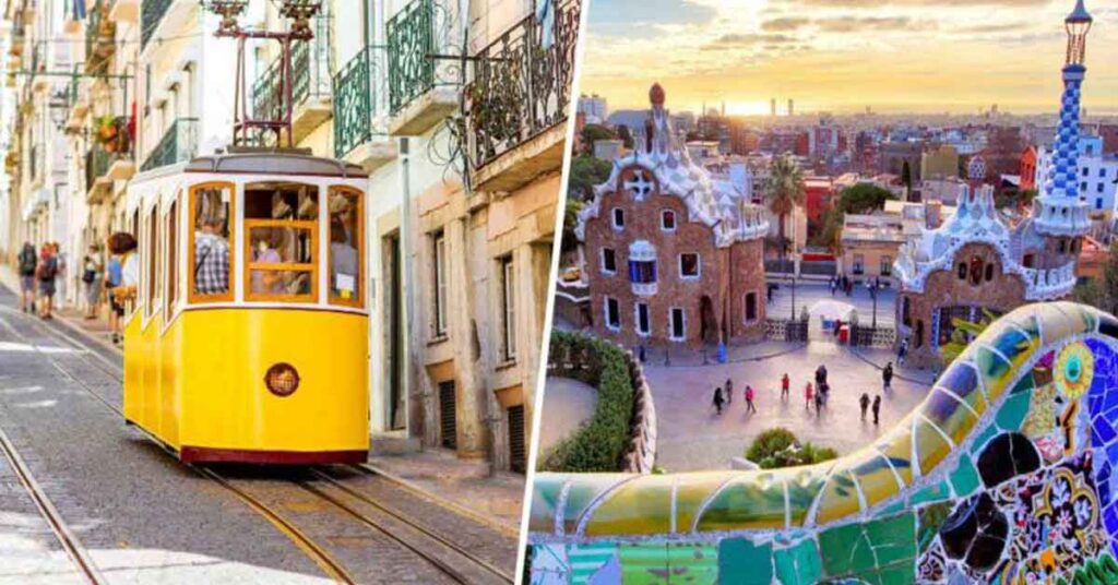 An image of a tram in Lisbon and Parc Guell in Barcelona. Lisbon Vs Barcelona: Should You Visit Barcelona or Lisbon? featured image